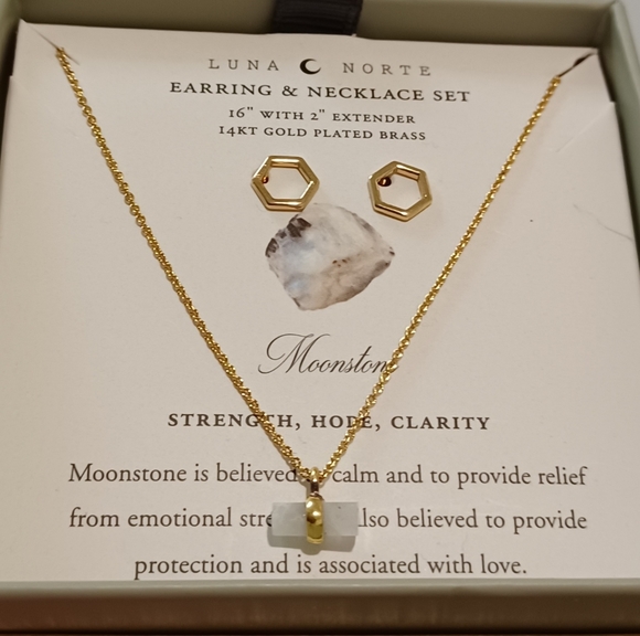 2 PC LUNA NORTE 14K GP HEXAGON EARRINGS & NECKLACES WITH MOONSTONE GEMSTONE - Picture 1 of 12